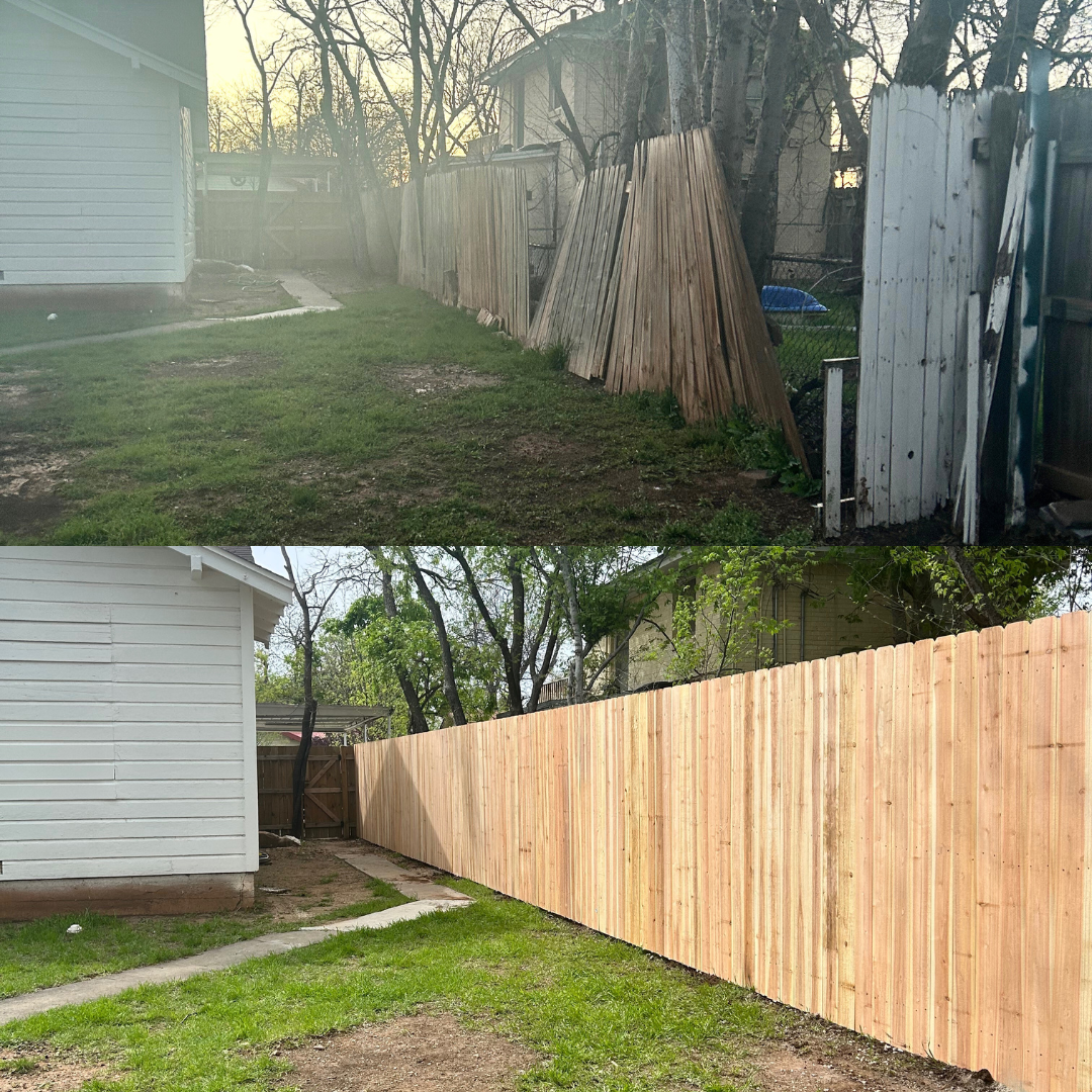 Before and after: old fence replaced with a beautiful new cedar fence by Chipman's